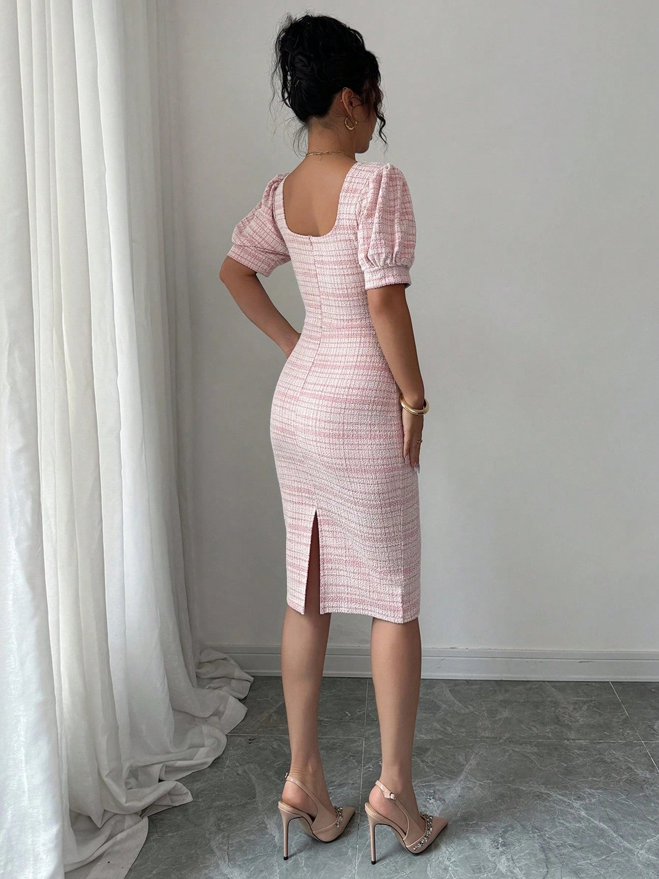 Elenzga Women's Elegant Romantic Puff Sleeve Boat Neck Waisted Form-Fitting Mini Dress