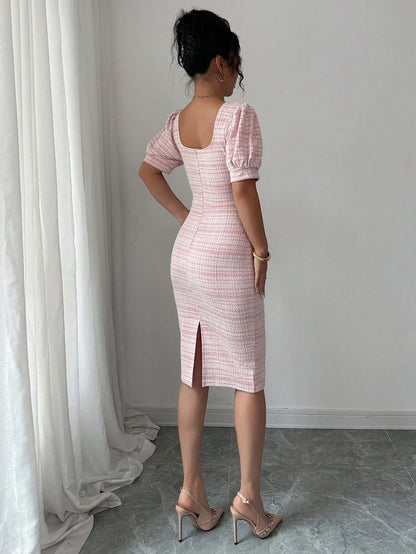 Elenzga Women's Elegant Romantic Puff Sleeve Boat Neck Waisted Form-Fitting Mini Dress