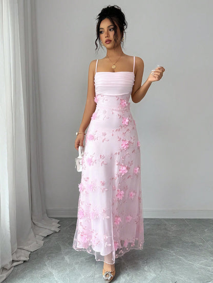 Elenzga Women's Elegant Ruffle Floral Decor Slip Dress