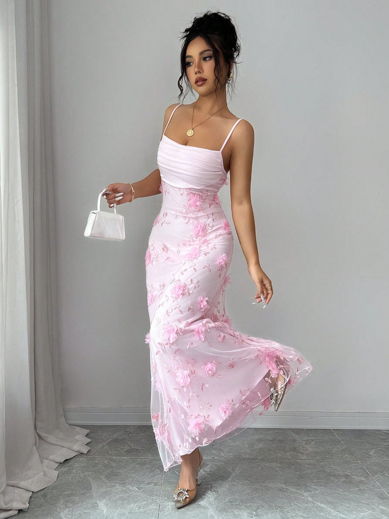 Elenzga Women's Elegant Ruffle Floral Decor Slip Dress