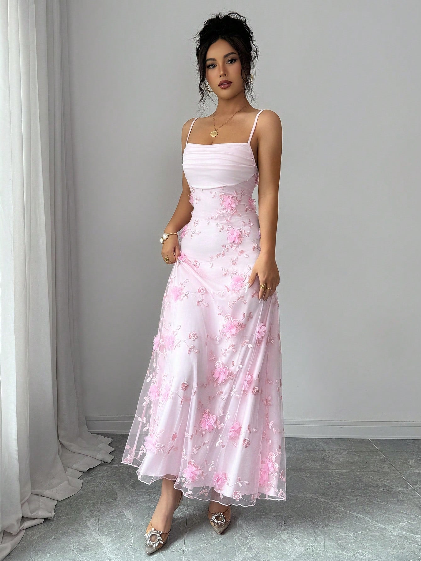 Elenzga Women's Elegant Ruffle Floral Decor Slip Dress