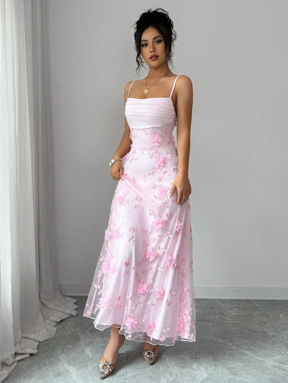Elenzga Women's Elegant Ruffle Floral Decor Slip Dress