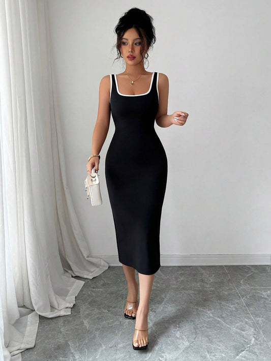 Elenzga Women's Elegant Sleeveless Fitted Summer Dress With Contrast Trim,Bodycon Dress