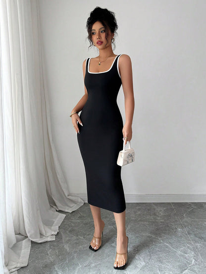 Elenzga Women's Elegant Sleeveless Fitted Summer Dress With Contrast Trim,Bodycon Dress