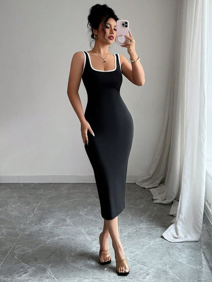Elenzga Women's Elegant Sleeveless Fitted Summer Dress With Contrast Trim,Bodycon Dress