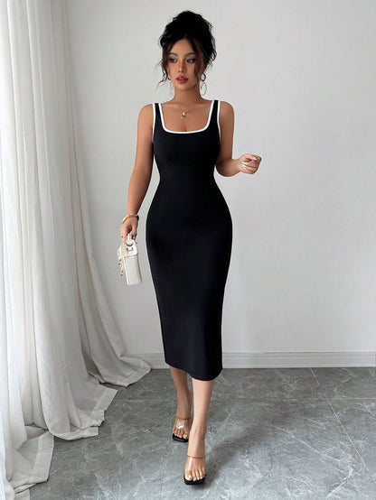 Elenzga Women's Elegant Sleeveless Fitted Summer Dress With Contrast Trim,Bodycon Dress