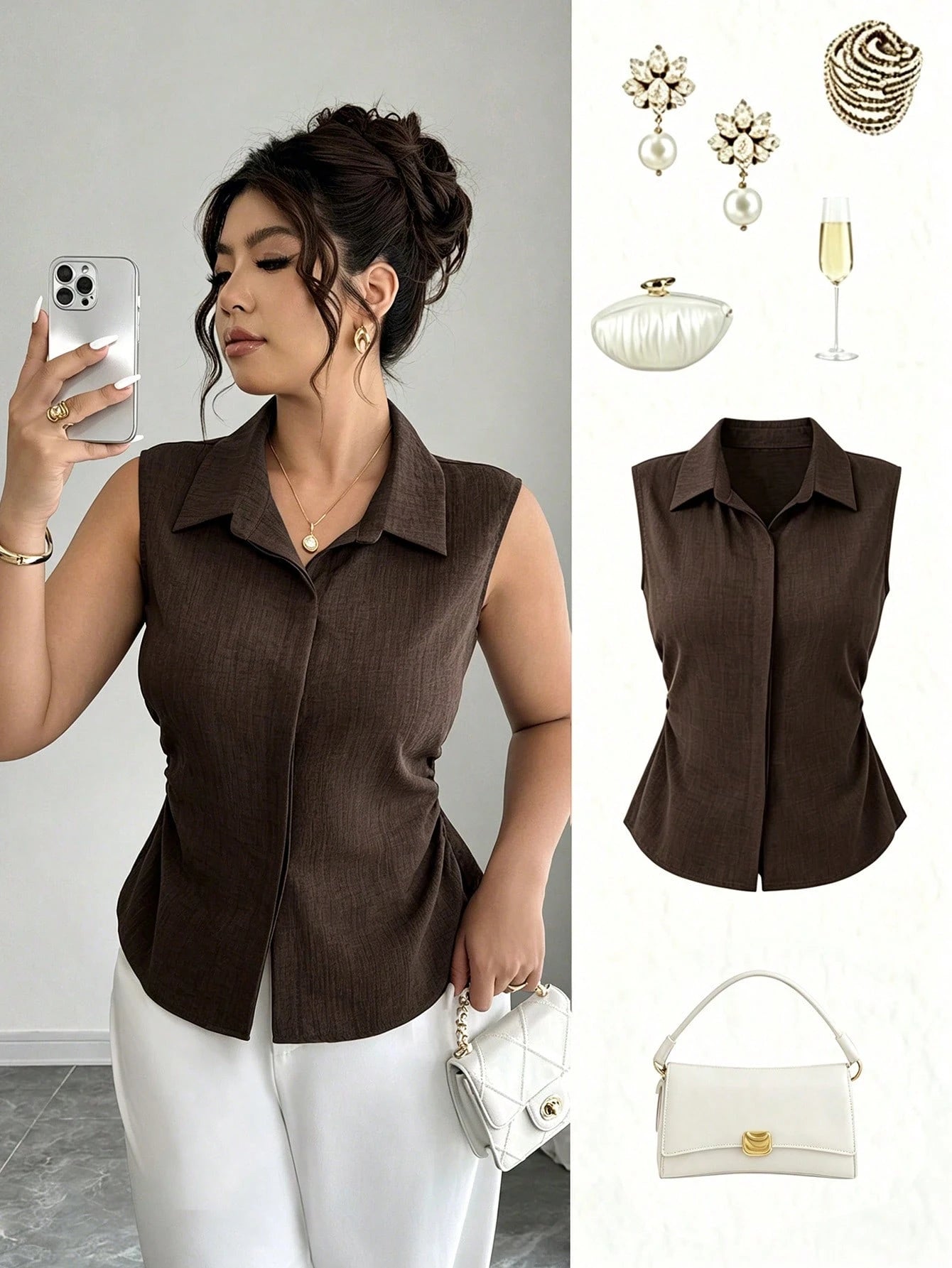Elenzga Women's Plus Size Summer 1pc Lapel Sleeveless Cinched Waist Asymmetrical Hem Slimming Commute Elegant Denim Effect Sleeveless Shirt