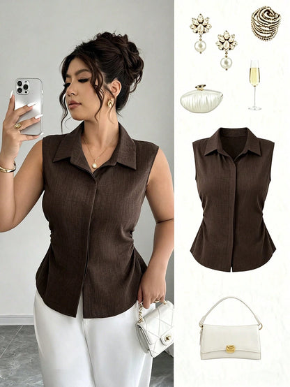 Elenzga Women's Plus Size Summer 1pc Lapel Sleeveless Cinched Waist Asymmetrical Hem Slimming Commute Elegant Denim Effect Sleeveless Shirt