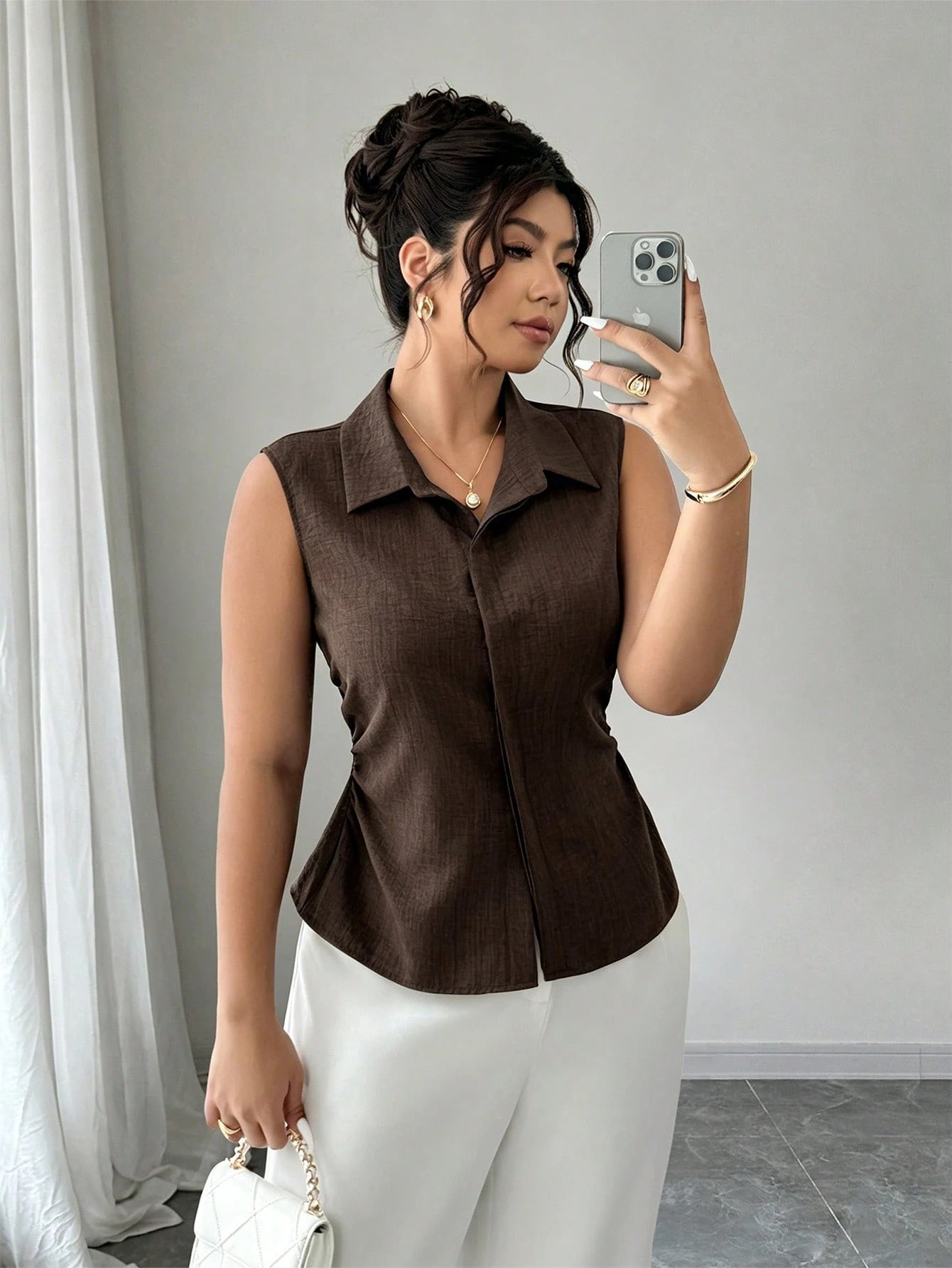Elenzga Women's Plus Size Summer 1pc Lapel Sleeveless Cinched Waist Asymmetrical Hem Slimming Commute Elegant Denim Effect Sleeveless Shirt