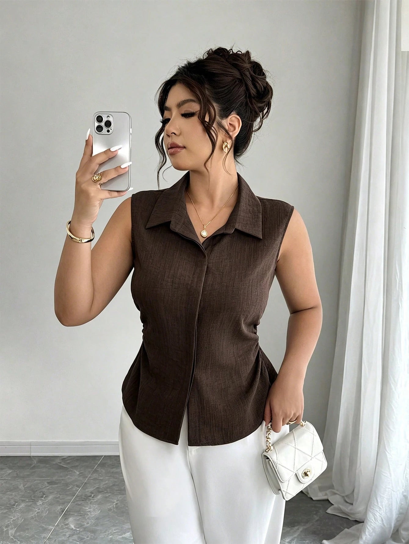 Elenzga Women's Plus Size Summer 1pc Lapel Sleeveless Cinched Waist Asymmetrical Hem Slimming Commute Elegant Denim Effect Sleeveless Shirt