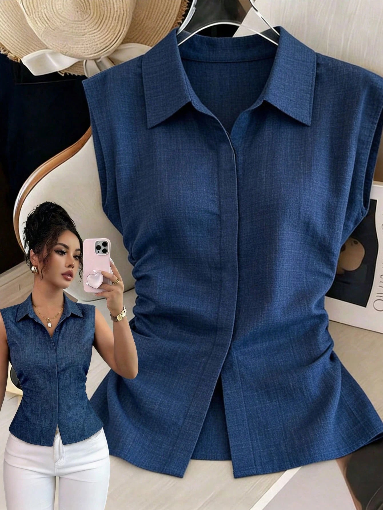 Elenzga Women's Plus Size Summer 1pc Lapel Sleeveless Cinched Waist Asymmetrical Hem Slimming Commute Elegant Denim Effect Sleeveless Shirt
