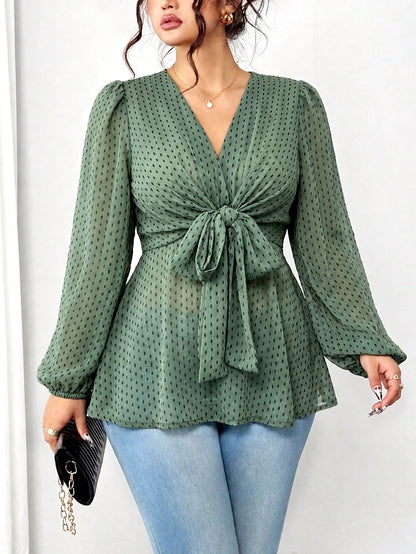 Elenzga Women's Plus Size V-Neck Chiffon Printed Semi-Sheer Long Sleeve Cross Tie Bow Waist Blouse, Casual Going Out, Vacation, Daily Commute, Versatile Tops