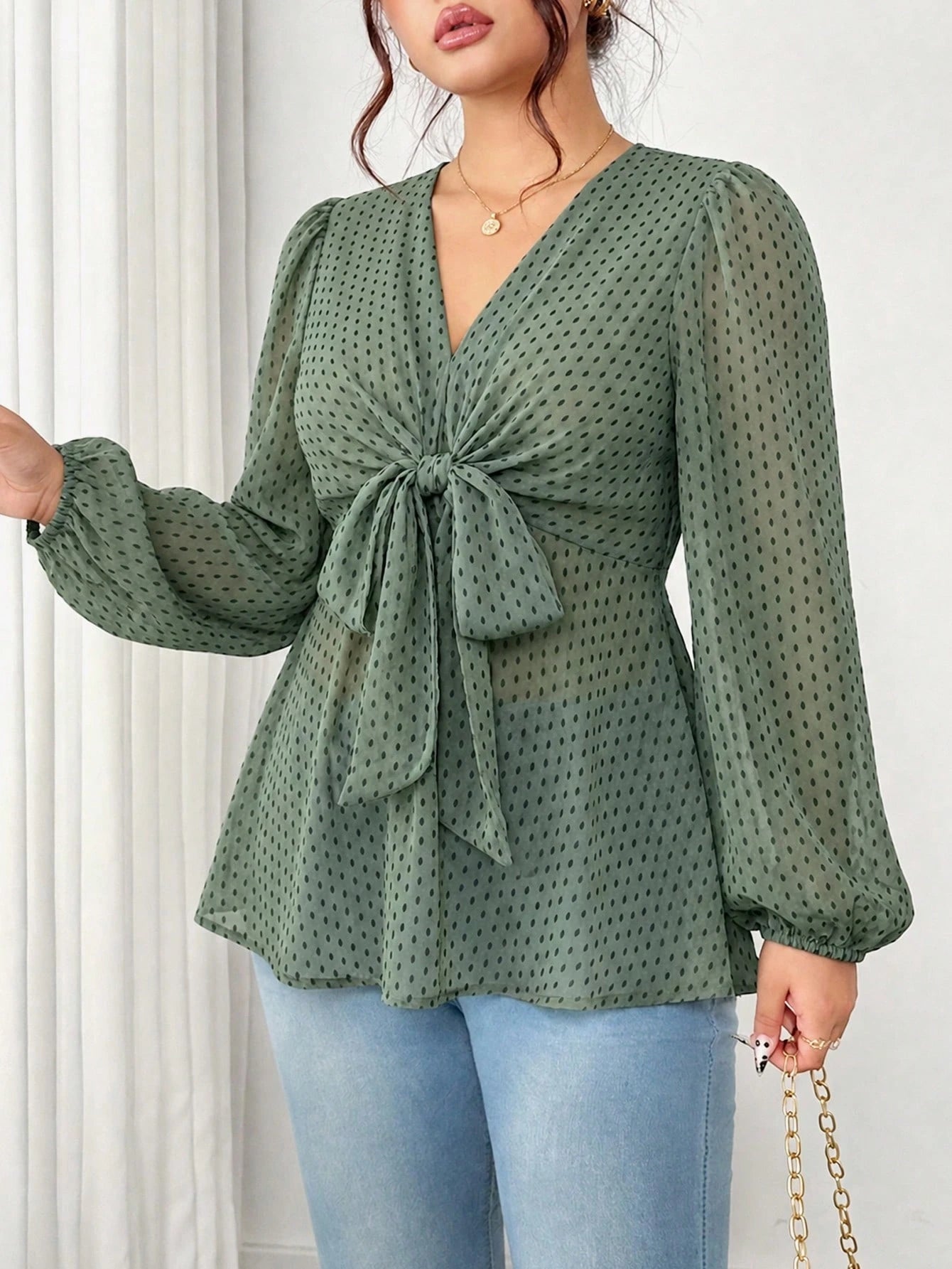 Elenzga Women's Plus Size V-Neck Chiffon Printed Semi-Sheer Long Sleeve Cross Tie Bow Waist Blouse, Casual Going Out, Vacation, Daily Commute, Versatile Tops