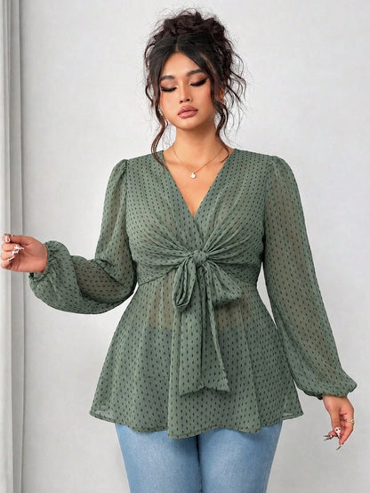 Elenzga Women's Plus Size V-Neck Chiffon Printed Semi-Sheer Long Sleeve Cross Tie Bow Waist Blouse, Casual Going Out, Vacation, Daily Commute, Versatile Tops