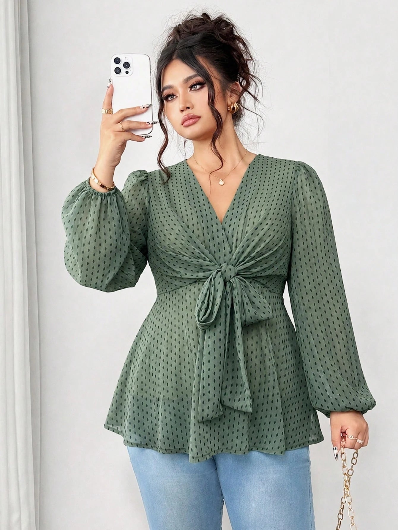Elenzga Women's Plus Size V-Neck Chiffon Printed Semi-Sheer Long Sleeve Cross Tie Bow Waist Blouse, Casual Going Out, Vacation, Daily Commute, Versatile Tops