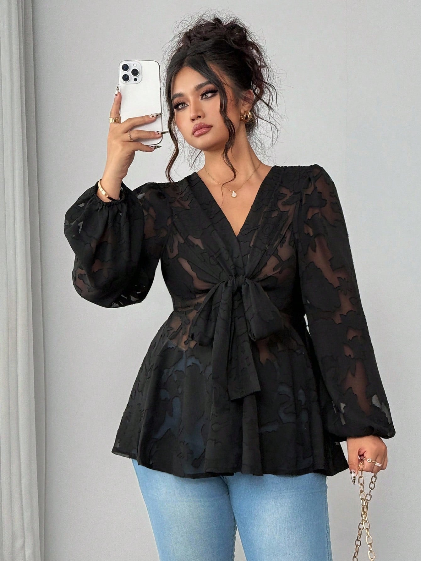 Elenzga Women's Plus Size V-Neck Chiffon Printed Semi-Sheer Long Sleeve Cross Tie Bow Waist Blouse, Casual Going Out, Vacation, Daily Commute, Versatile Tops