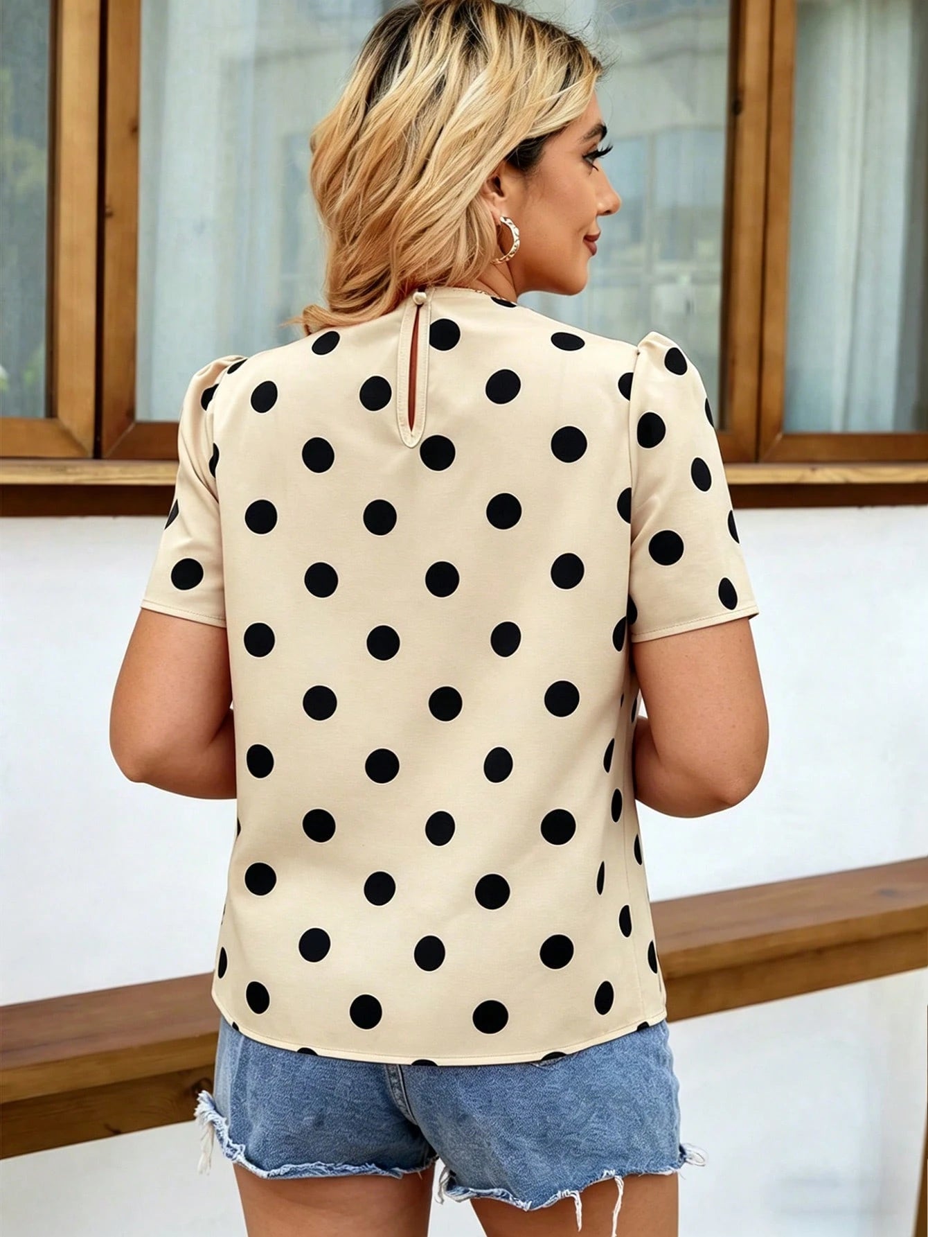Elenzga Women's Polka Dot Print Ruched Collar Short Sleeve Blouse, Spring/Summer