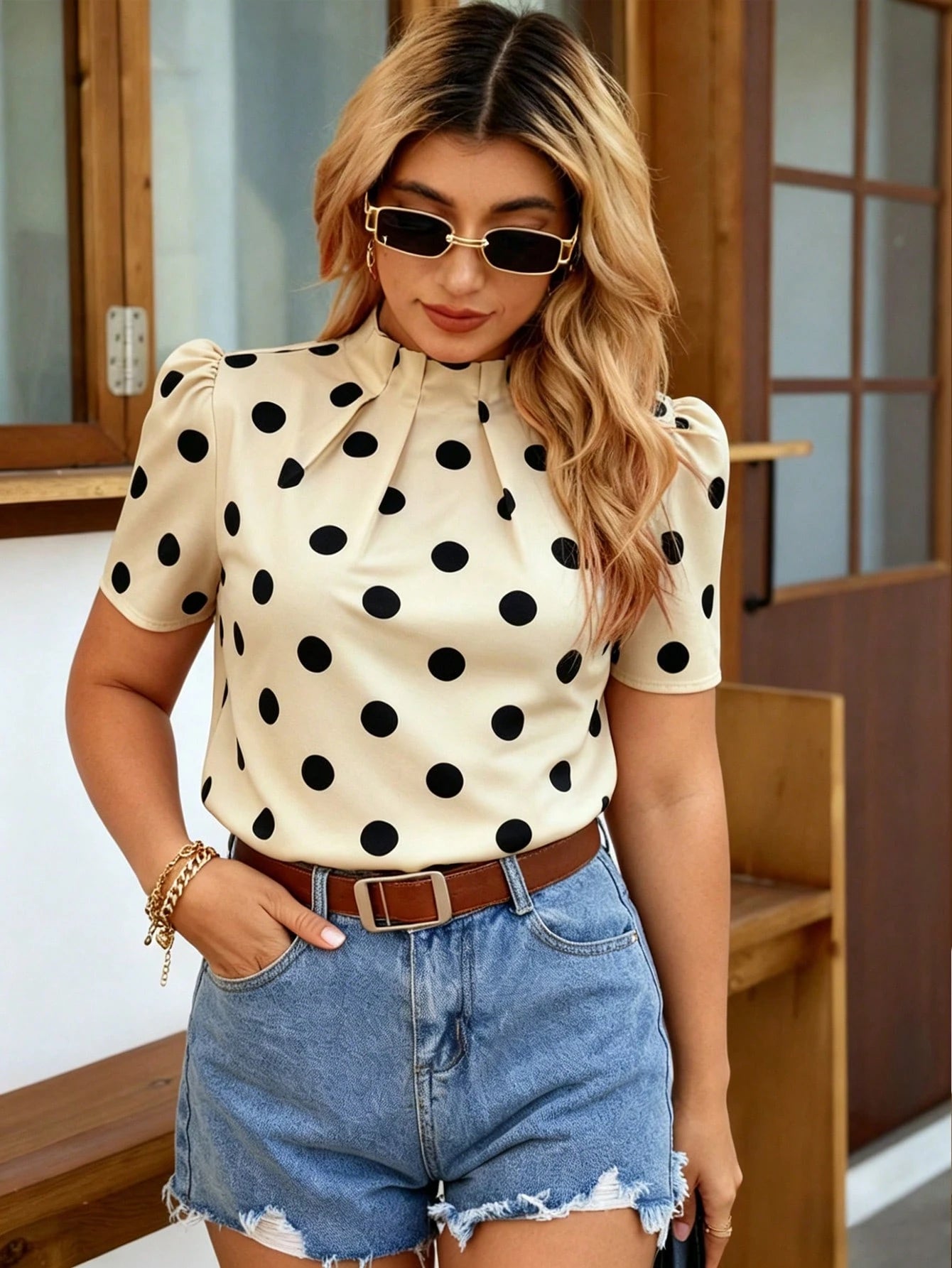 Elenzga Women's Polka Dot Print Ruched Collar Short Sleeve Blouse, Spring/Summer