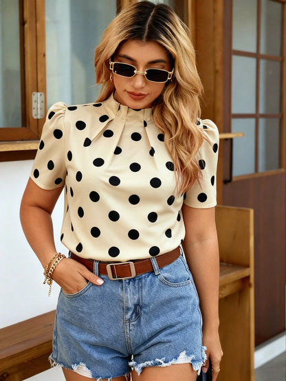 Elenzga Women's Polka Dot Print Ruched Collar Short Sleeve Blouse, Spring/Summer