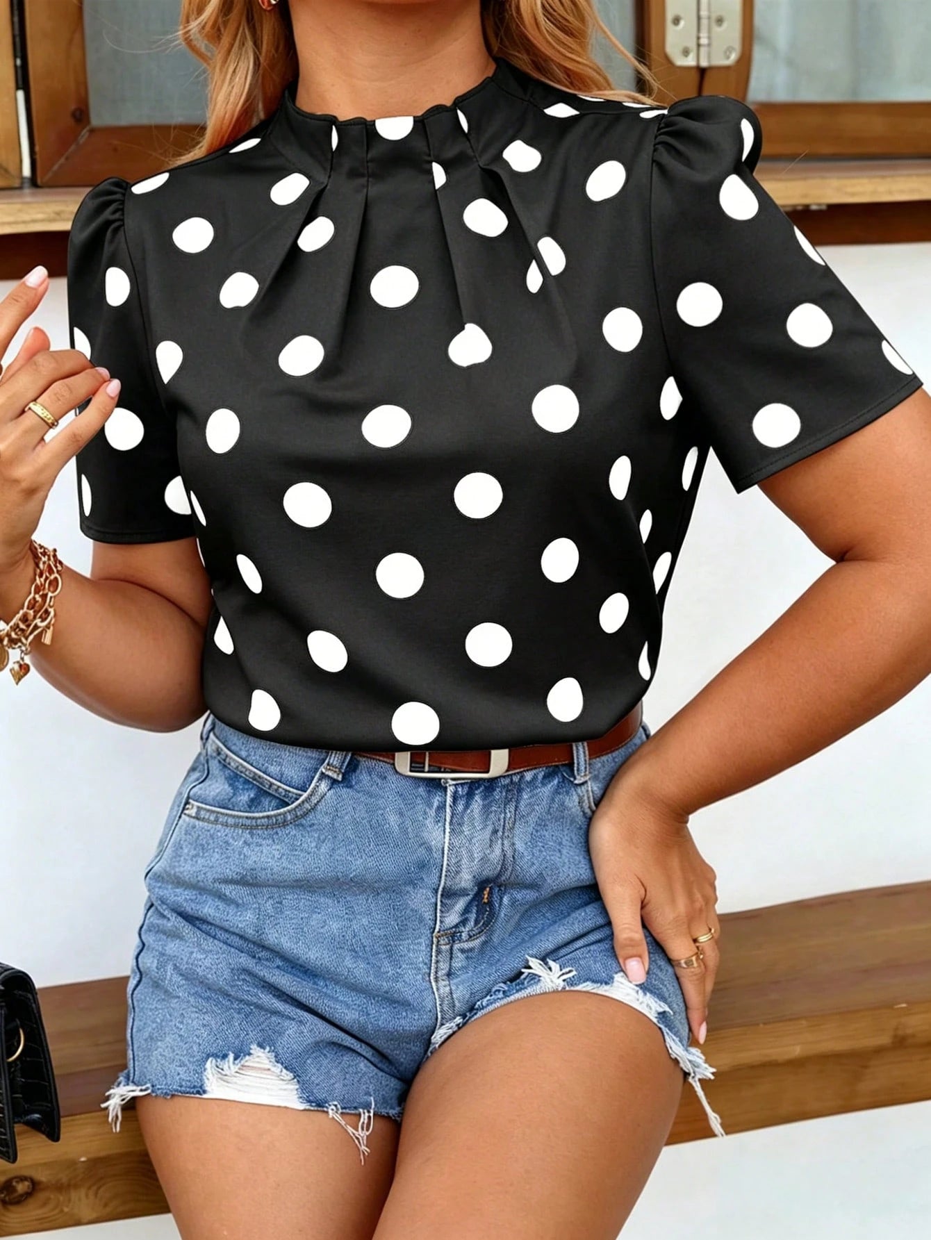 Elenzga Women's Polka Dot Print Ruched Collar Short Sleeve Blouse, Spring/Summer