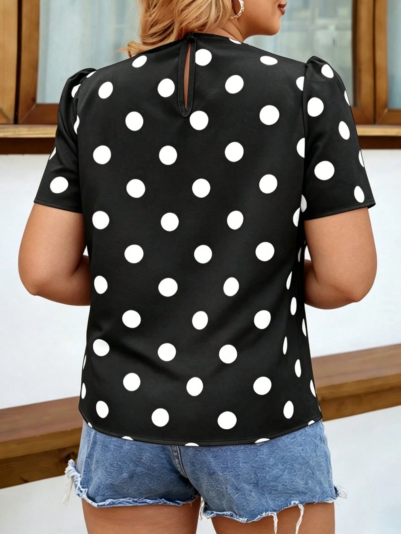 Elenzga Women's Polka Dot Print Ruched Collar Short Sleeve Blouse, Spring/Summer