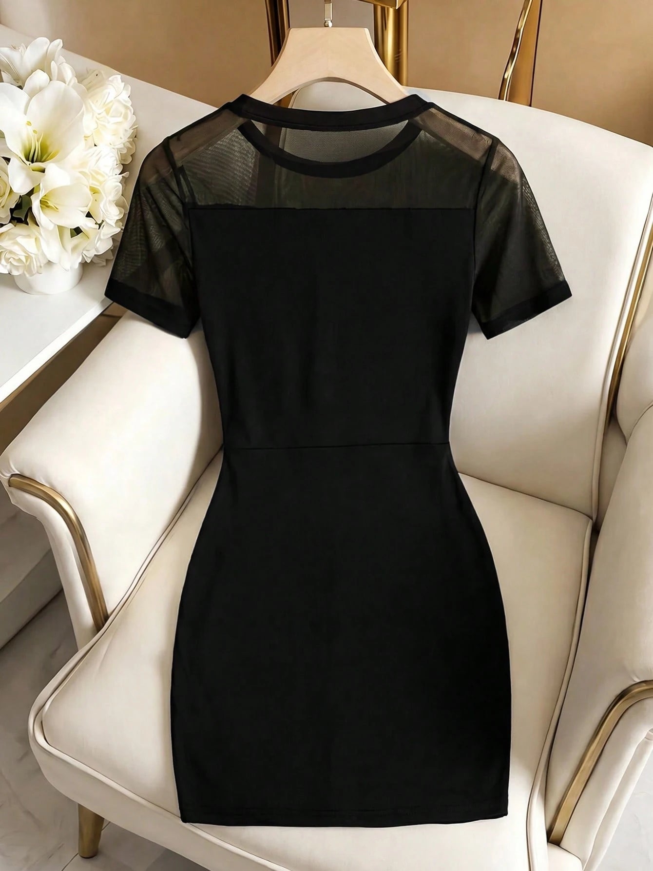 Elenzga Women's Solid Color Contrast Mesh Short Sleeve Fitted Elegant Mini Dress