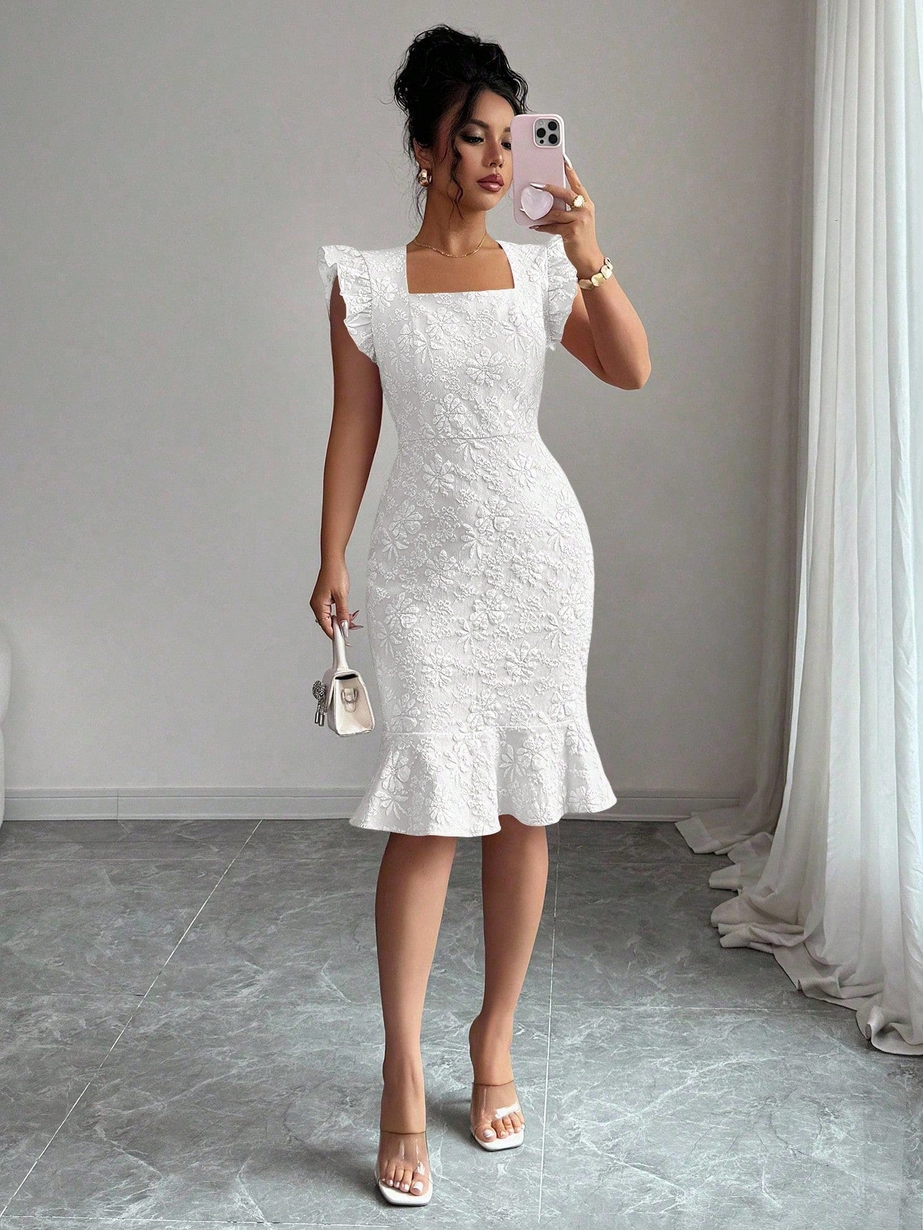Elenzga Women's Square Neck Cap Sleeve Elegant Jacquard Commuter Dress, Summer