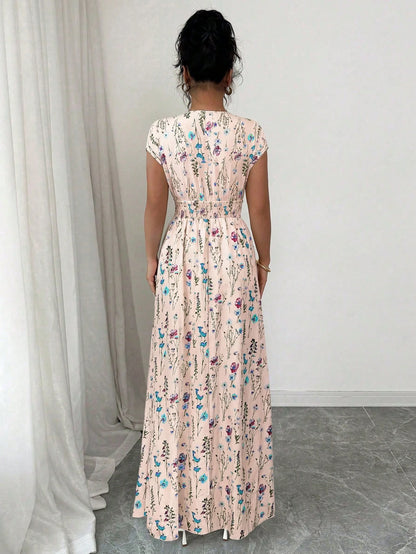 Elenzga Women's V-Neck Sleeveless Ditsy Floral Cinched Waist Maxi Dress Holiday Picnic Vacation Pink Floral Summer Boho