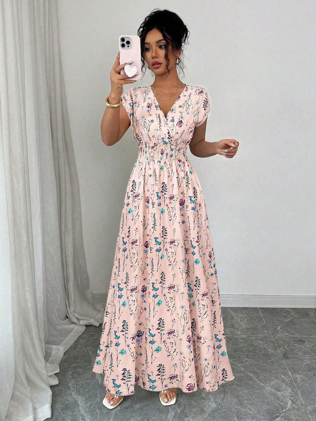 Elenzga Women's V-Neck Sleeveless Ditsy Floral Cinched Waist Maxi Dress Holiday Picnic Vacation Pink Floral Summer Boho