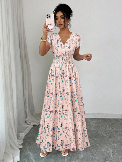 Elenzga Women's V-Neck Sleeveless Ditsy Floral Cinched Waist Maxi Dress Holiday Picnic Vacation Pink Floral Summer Boho
