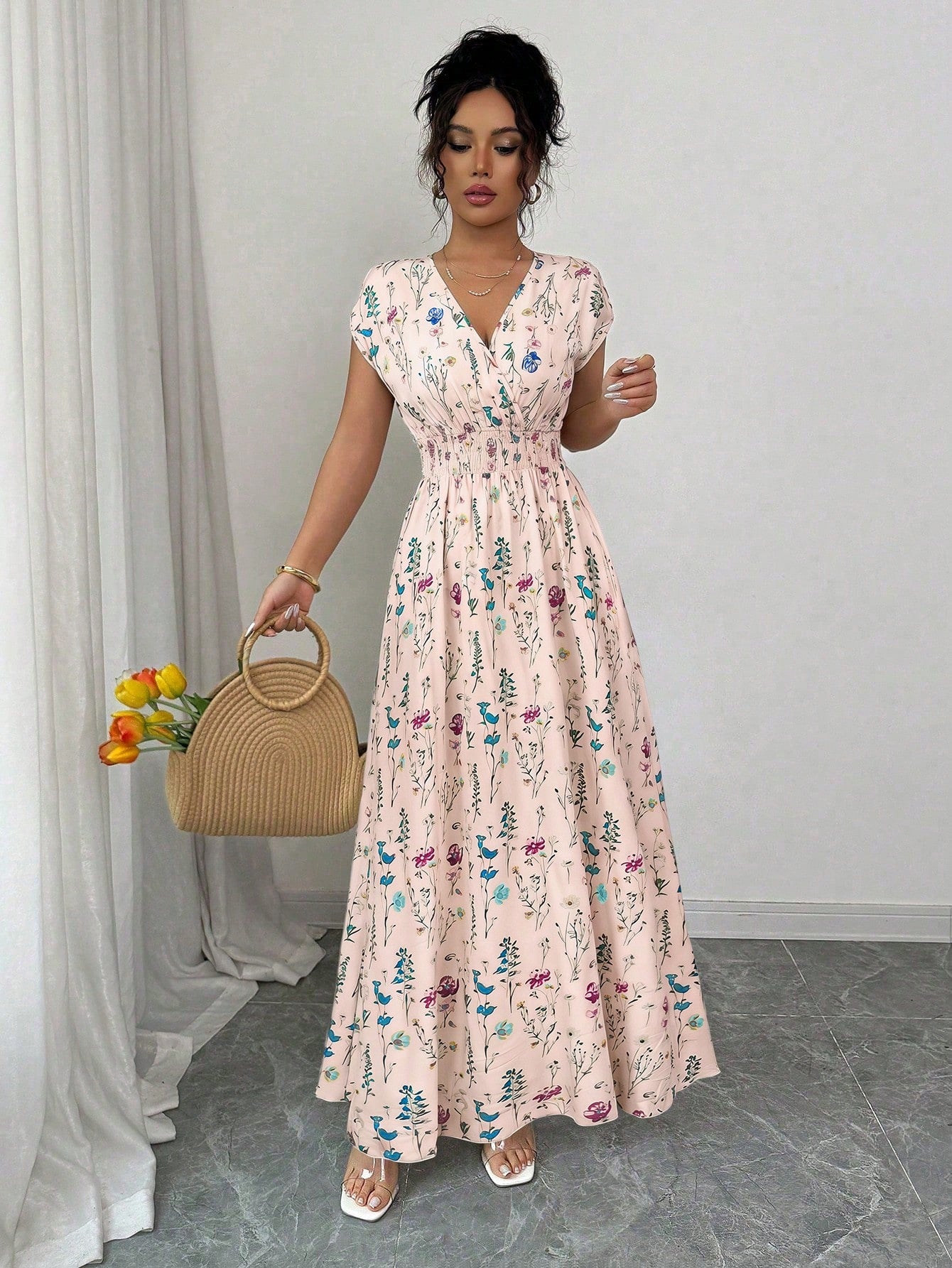 Elenzga Women's V-Neck Sleeveless Ditsy Floral Cinched Waist Maxi Dress Holiday Picnic Vacation Pink Floral Summer Boho