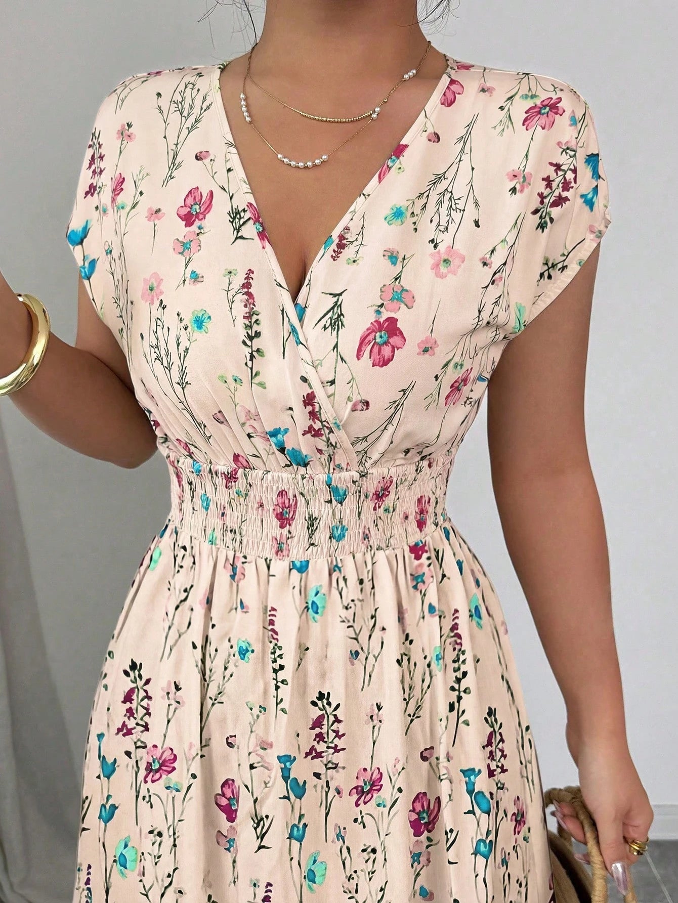 Elenzga Women's V-Neck Sleeveless Ditsy Floral Cinched Waist Maxi Dress Holiday Picnic Vacation Pink Floral Summer Boho