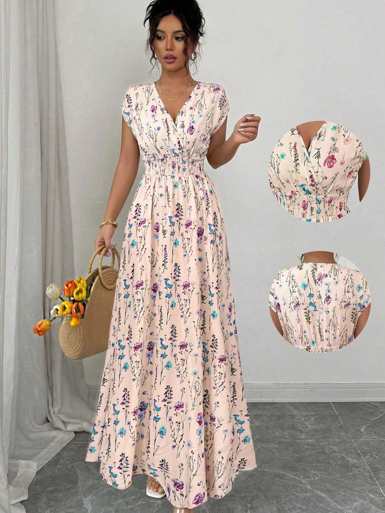 Elenzga Women's V-Neck Sleeveless Ditsy Floral Cinched Waist Maxi Dress Holiday Picnic Vacation Pink Floral Summer Boho
