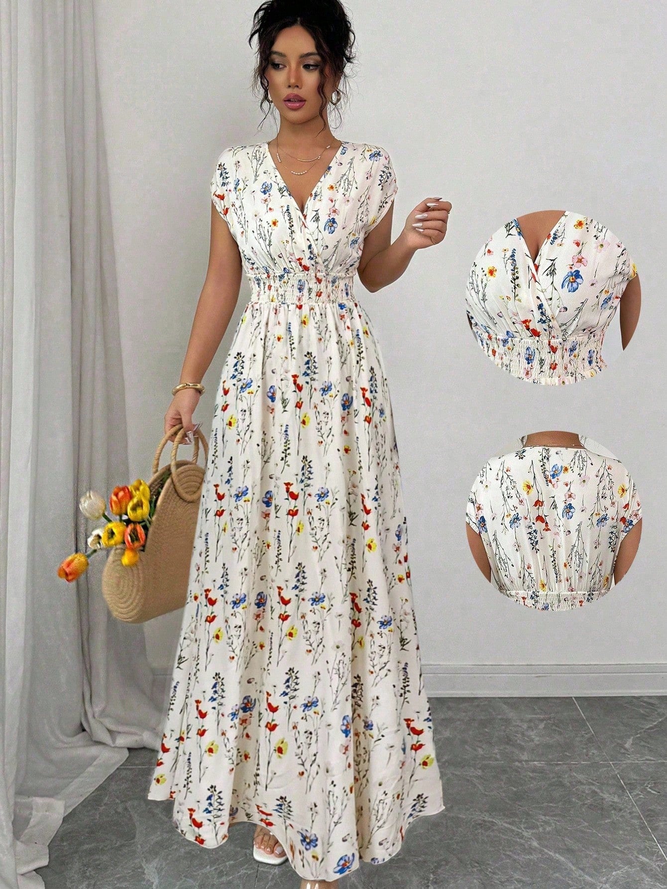 Elenzga Women's V-Neck Sleeveless Ditsy Floral Cinched Waist Maxi Dress Holiday Picnic Vacation Pink Floral Summer Boho
