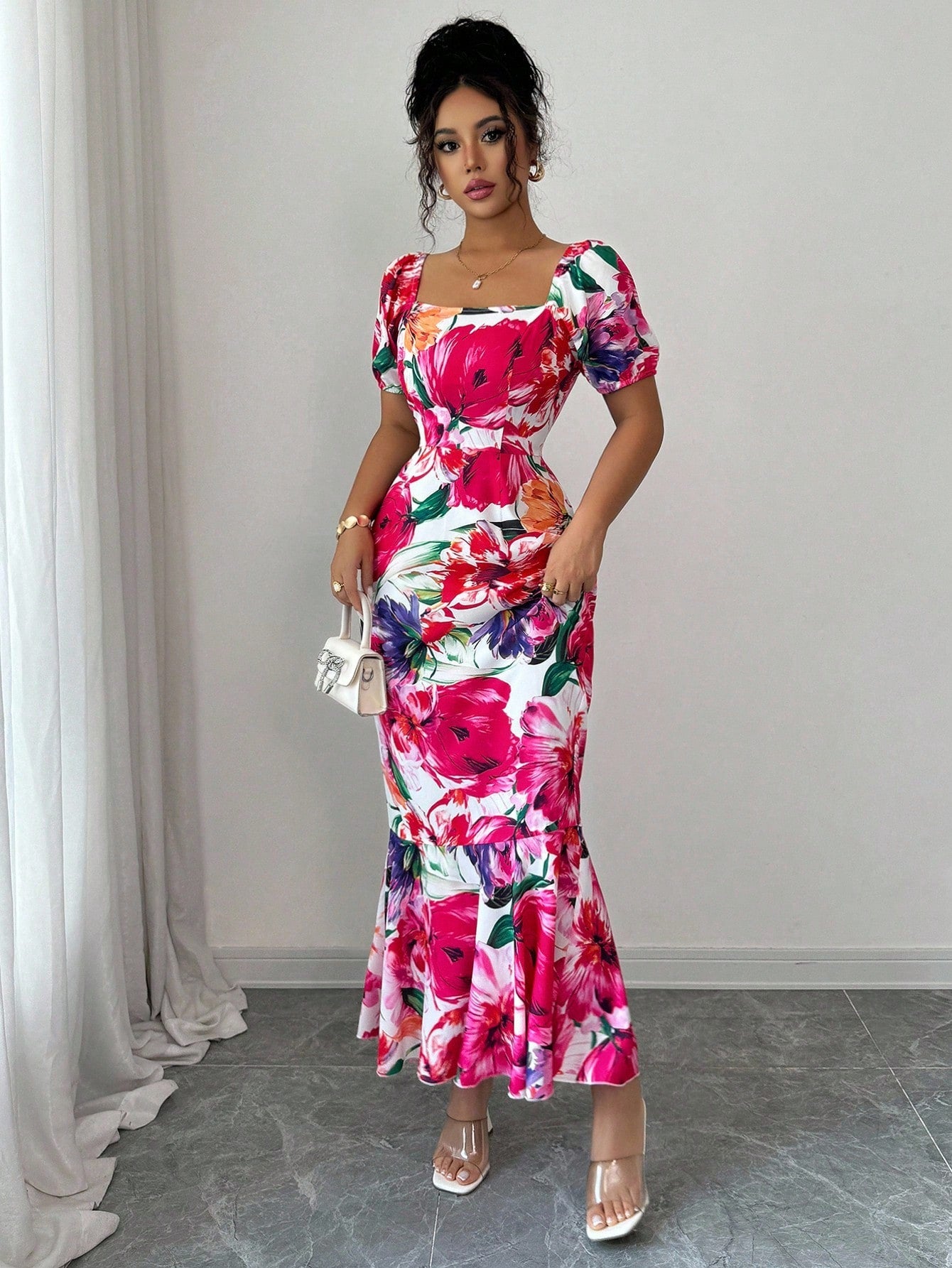 Elenzga Women's White And Pink Summer Elegant Floral Print Square Neck Puff Sleeve Dress,Fishtail Hem&Ruffle Trim,Back Hidden Zipper,Brunch Resort Wear