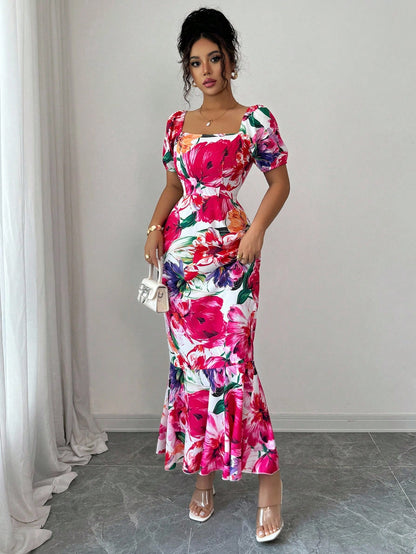 Elenzga Women's White And Pink Summer Elegant Floral Print Square Neck Puff Sleeve Dress,Fishtail Hem&Ruffle Trim,Back Hidden Zipper,Brunch Resort Wear
