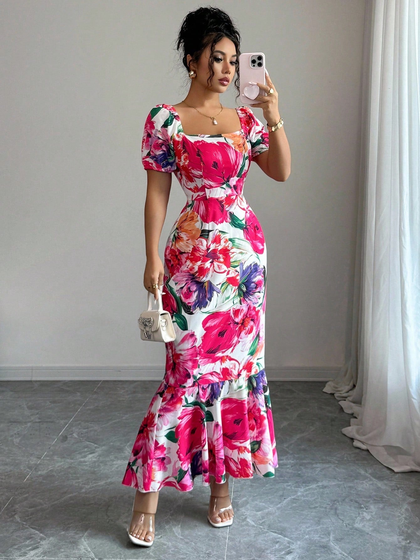 Elenzga Women's White And Pink Summer Elegant Floral Print Square Neck Puff Sleeve Dress,Fishtail Hem&Ruffle Trim,Back Hidden Zipper,Brunch Resort Wear