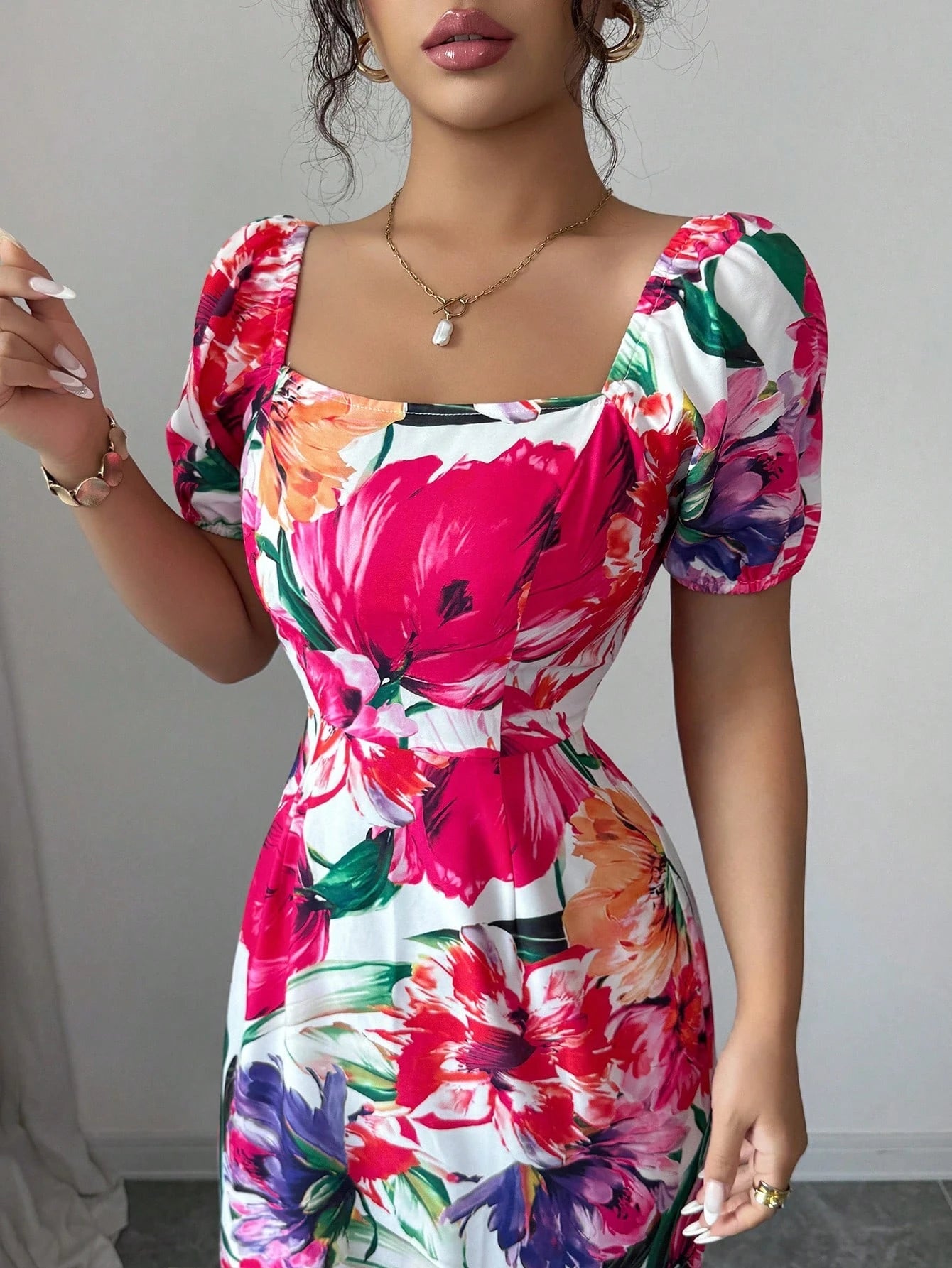 Elenzga Women's White And Pink Summer Elegant Floral Print Square Neck Puff Sleeve Dress,Fishtail Hem&Ruffle Trim,Back Hidden Zipper,Brunch Resort Wear