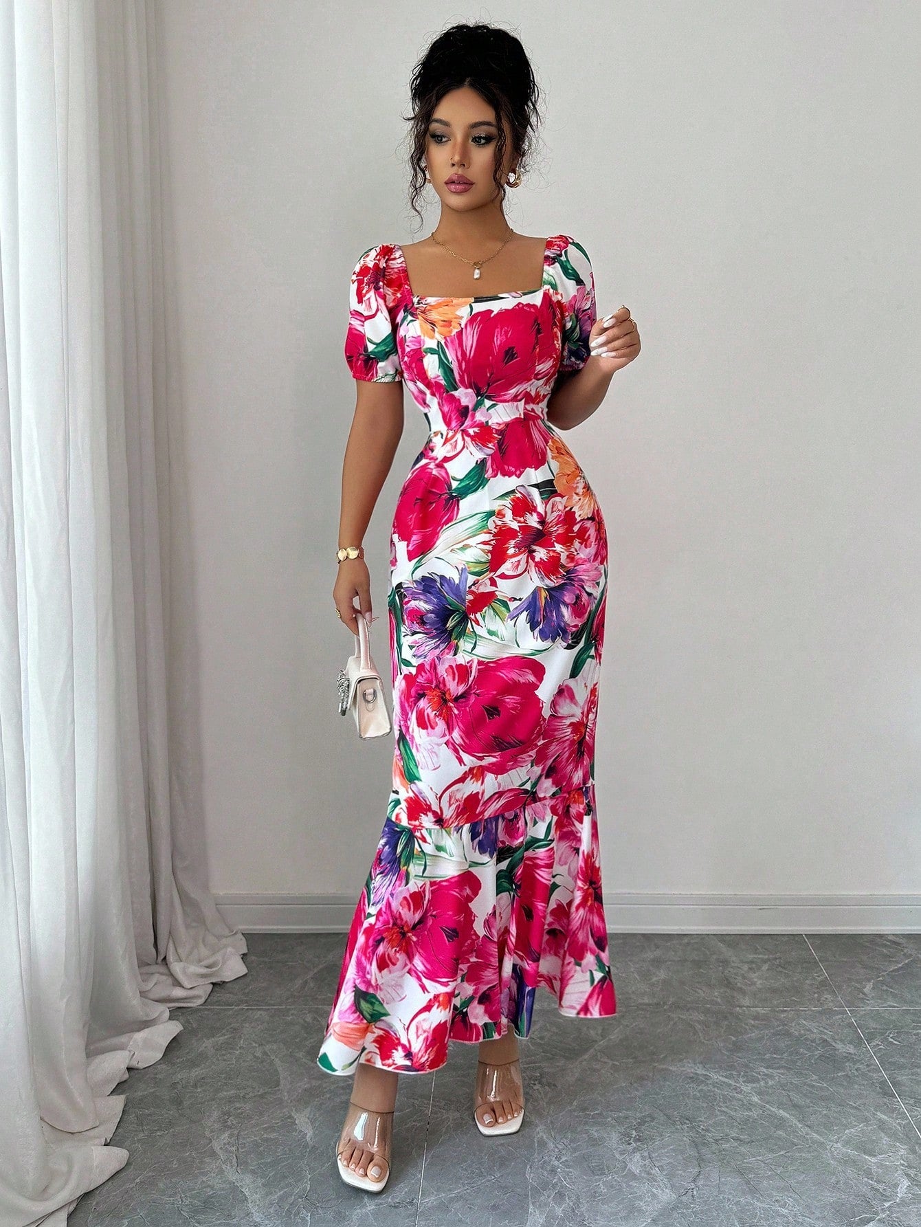 Elenzga Women's White And Pink Summer Elegant Floral Print Square Neck Puff Sleeve Dress,Fishtail Hem&Ruffle Trim,Back Hidden Zipper,Brunch Resort Wear