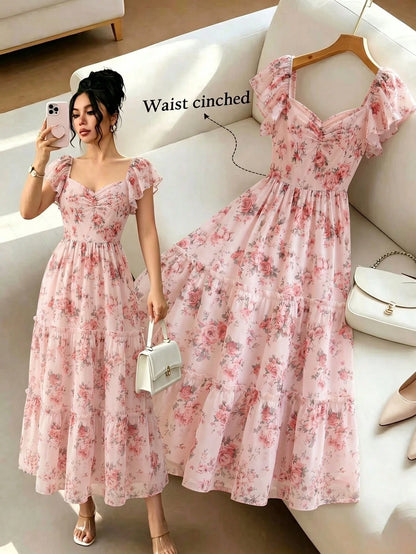 Elenzya Pink Floral Dress For Women,Summer Cottage Core Vintage Square Neck Ruffled Sleeve Waist Cinched Multilayer Hem Fashion Elegant Party Vacation Dress