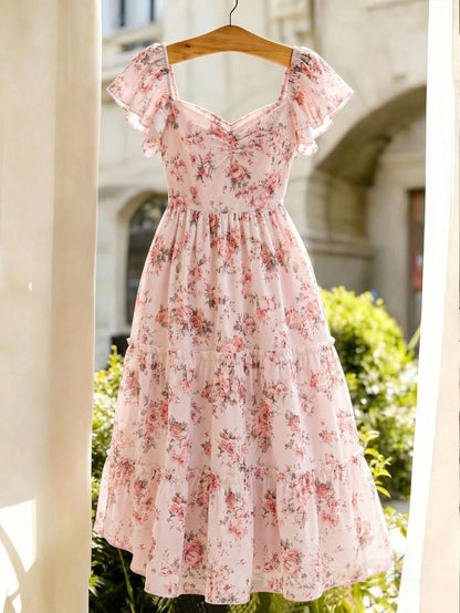 Elenzya Pink Floral Dress For Women,Summer Cottage Core Vintage Square Neck Ruffled Sleeve Waist Cinched Multilayer Hem Fashion Elegant Party Vacation Dress