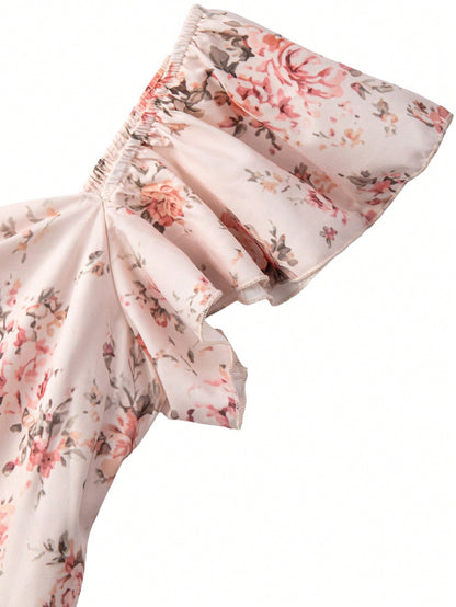 Elenzya Pink Floral Dress For Women,Summer Cottage Core Vintage Square Neck Ruffled Sleeve Waist Cinched Multilayer Hem Fashion Elegant Party Vacation Dress