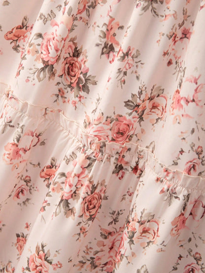 Elenzya Pink Floral Dress For Women,Summer Cottage Core Vintage Square Neck Ruffled Sleeve Waist Cinched Multilayer Hem Fashion Elegant Party Vacation Dress