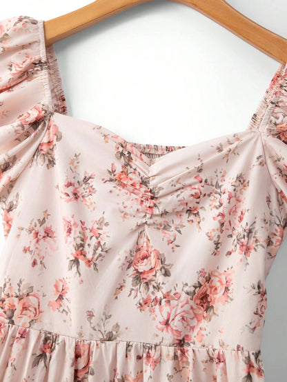 Elenzya Pink Floral Dress For Women,Summer Cottage Core Vintage Square Neck Ruffled Sleeve Waist Cinched Multilayer Hem Fashion Elegant Party Vacation Dress