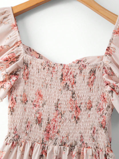 Elenzya Pink Floral Dress For Women,Summer Cottage Core Vintage Square Neck Ruffled Sleeve Waist Cinched Multilayer Hem Fashion Elegant Party Vacation Dress