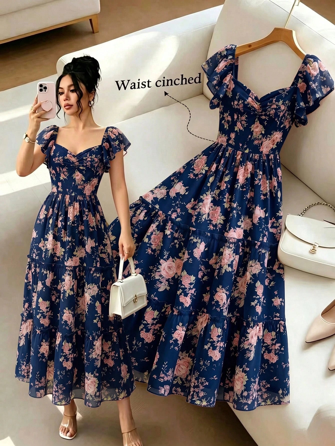Elenzya Pink Floral Dress For Women,Summer Cottage Core Vintage Square Neck Ruffled Sleeve Waist Cinched Multilayer Hem Fashion Elegant Party Vacation Dress
