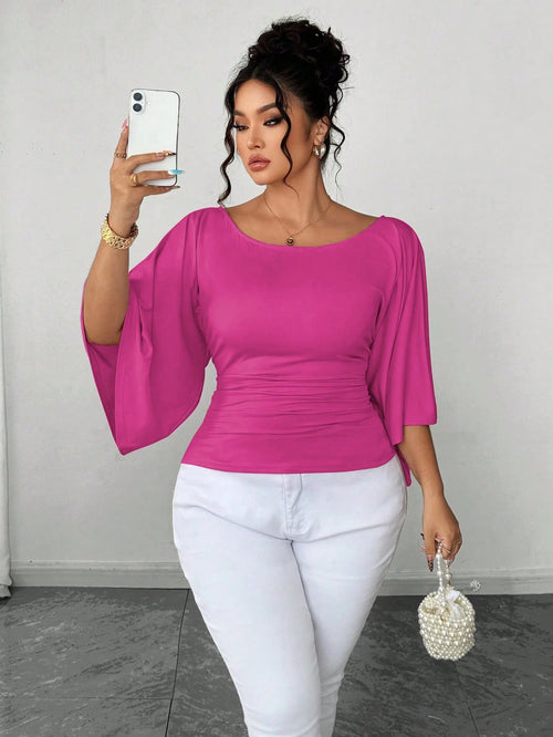 Elenzya Plus Size Women's Knitted High Stretch Bell Sleeve Round Neck Solid Color Elegant T-Shirt Fall