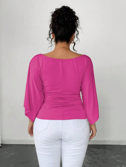 Elenzya Plus Size Women's Knitted High Stretch Bell Sleeve Round Neck Solid Color Elegant T-Shirt Fall