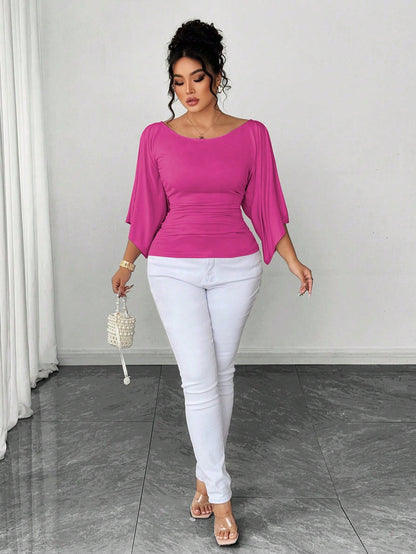 Elenzya Plus Size Women's Knitted High Stretch Bell Sleeve Round Neck Solid Color Elegant T-Shirt Fall