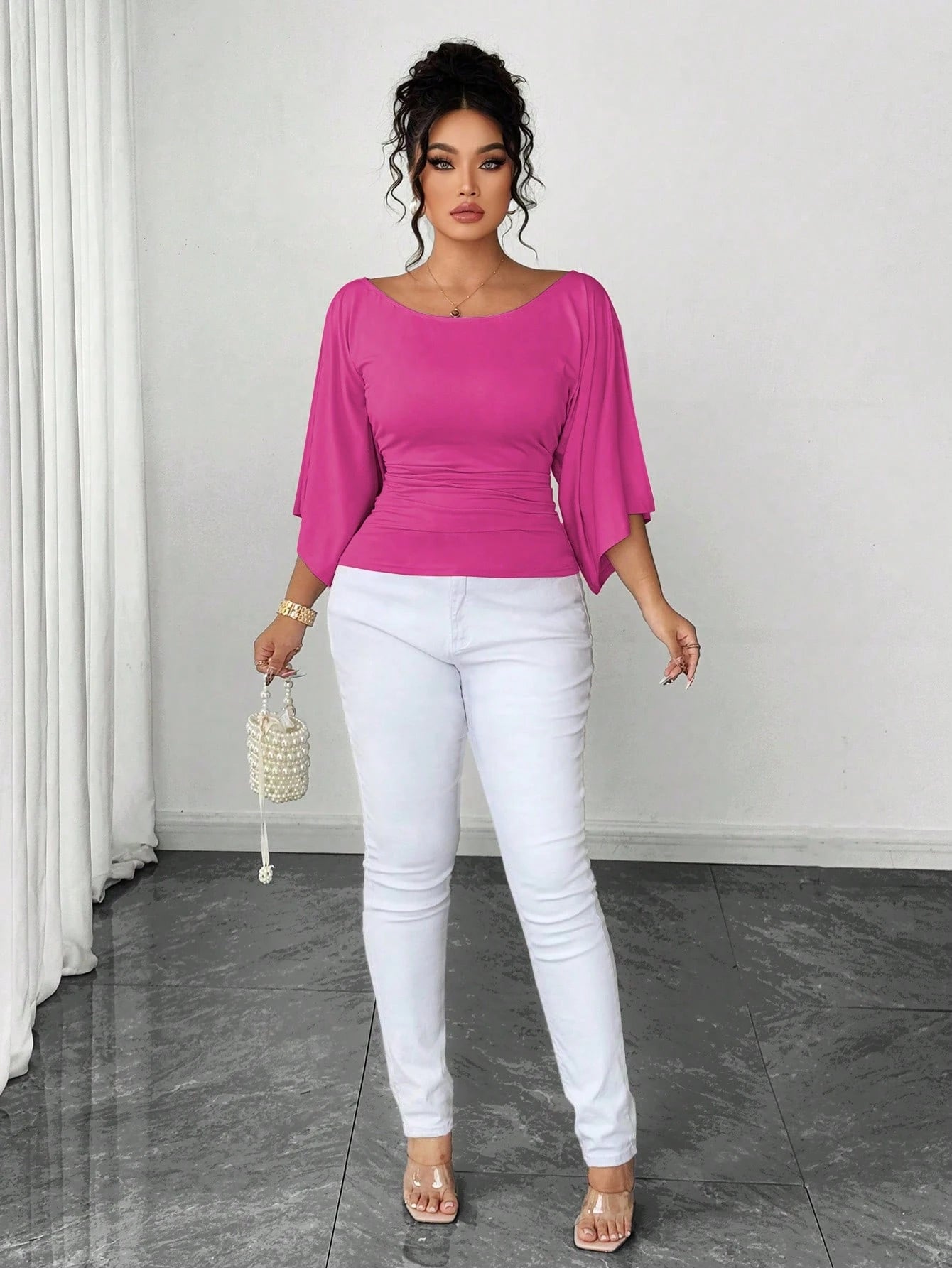 Elenzya Plus Size Women's Knitted High Stretch Bell Sleeve Round Neck Solid Color Elegant T-Shirt Fall